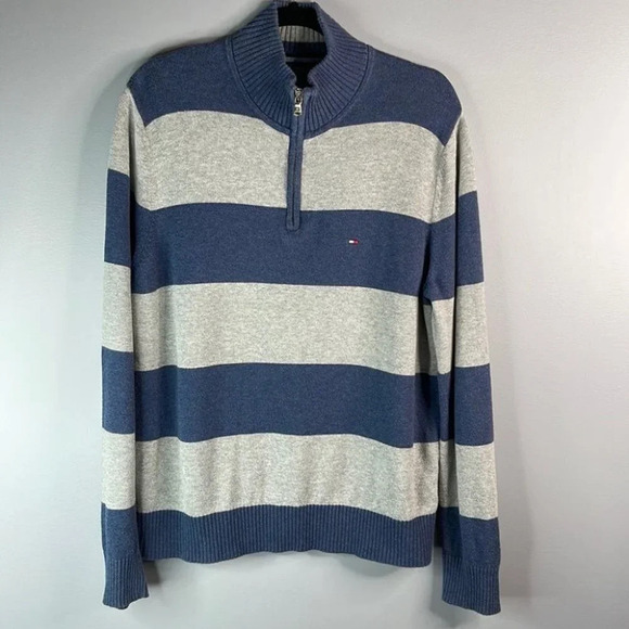 TOMMY HILFIGER Mens Striped Half Zip Sweater Steel Blue Grey Logo Preppy Size M - Picture 12 of 12
